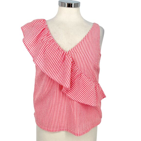 Vineyard Vines Seersucker Ruffle Striped Sleeveless Top Pink White Size 2 - Picture 1 of 10
